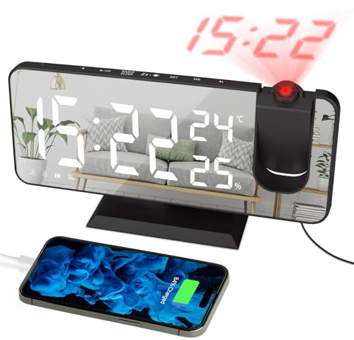EVILTO Digital Alarm Clock Projector Radio Clock LED Temperature Display Radio Projection Clock USB Charging Port 180° Rotable Projection Time-Black