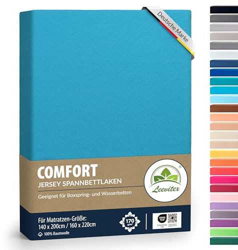leevitex® Premium Spannbettlaken 140x200-160x220 cm - 40 cm Steg - auch für Boxspringbett & Wasserbett | 100% Mako-Jersey-Baumwolle | ÖKO-TEX | 170g/m² | Türkis/Ocean