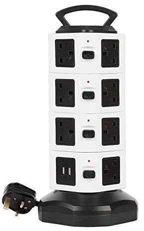 Marketero Tower Extension Lead 15 Way Socket 2 USB Slots, Surge Protector Outlets Multi Plug Extension Cord Desk Power Strip, 2M Extension Cable with Switches, 2500W/10A, Built-in Overload Protector