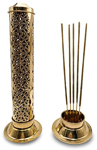 Räuchergefäß (Brenner) aus vergoldetem Messing - 27 cm hoch, Boden 8 cm und Deckel 5 cm - Gewicht 155 g. Räucherstäbchenhalter für bis zu 5 Räucherstäbchen.