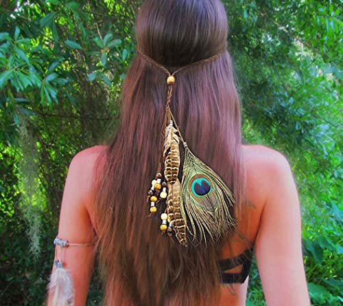 Fashband Feder-Stirnband, Boho-Hippie-Kopfschmuck, Tribal-Kopfschmuck im Stil der amerikanischen Ureinwohner, Pfauenfeder-Haar-Accessoire für Damen und Mädchen