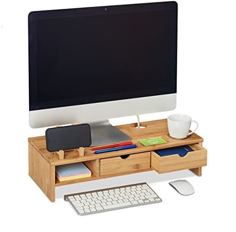 Relaxdays Bamboo Monitor Stand, Drawers, Slots for Smartphone & Utensils, Ergonomic Screen Holder, 13x54x23 cm, Natural