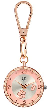 JewelryWe Blumen Uhr mit Karabiner Schlüsselanhänger: Damen Karabineruhr Blütenblätter Analog Quarz Taschenuhr mit Rosa Rundem Zifferblatt und Rosegold Gehäuse