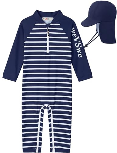weVSwe Baby Junge Badeanzüge mit Sonnenhut Schrittreißverschluss UPF 50+ | OEKO-TEX Stoff,Schnelltrocknend, Atmungsaktiv,Elastisch, Einfach an- und auszuziehen,UV Kleidung für Strände, Schwimmbäder.