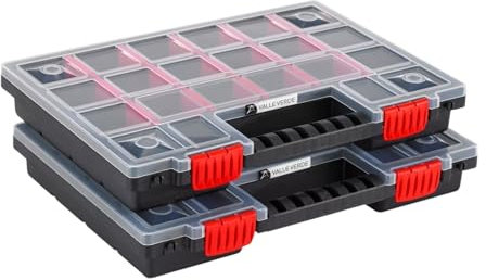 Valle Verde 2er Set Sortimentskasten, Sortierkasten, Kleinteilemagazin, Sortierbox - Verstellbare Trennstege, Transparenter Deckel, Verschließbar, Stapelbar, Kunststoff - 34,4 cm x 24,9 cm x 5 cm