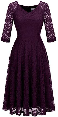 Dressystar Robe de Soirée Cocktail Femme Midi Dentelle Manche Longue sous Genou Robe de Mariage Invitée Col en V Glamour et Chic Violet M
