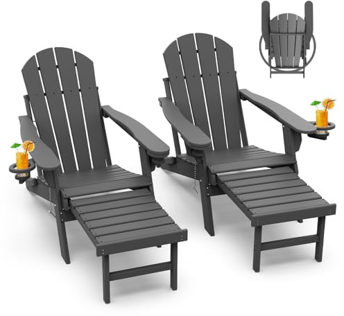 GREENVINES Adirondack Klappstühle mit Ottomane, HDPE-Kunststoff, Allwetter-Poolstuhl mit Getränkehaltern und Fußstütze für Feuerstelle, Lagerfeuer, Deck, Hinterhof, Terrasse, Outdoor, Veranda, Rasen,