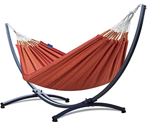 Potenza Outdoor Hängematte mit Verzinkter Gestell für 2 Personen I Medelin - 100% Baumwolle Doppelhängematte 230x160, 200kg I Hängemattengestell 220kg, wetterfest (Basic Gestell Graphit, Rot)