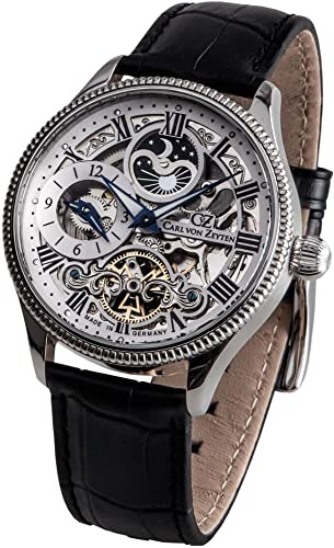 Carl von Zeyten Kirnbach Automatik Herren Armbanduhr aus Edelstahl und Leder in der Farbe Silber-Schwarz 44mm, Wasserdichtigkeit: 3Bar, CVZ0034WHS