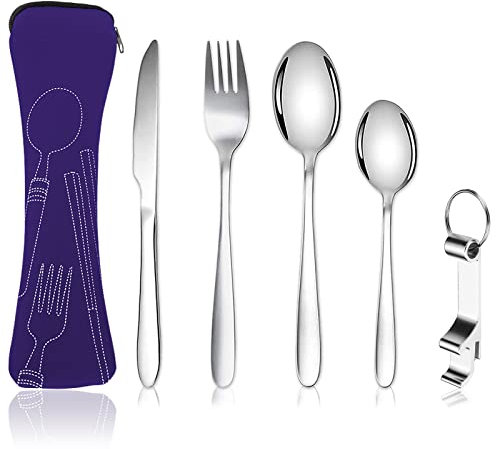 XOPOZON® Lot de 5 Couverts de Camping, Ensemble de Couverts Transportables, Couverts en Acier Inoxydable avec Sac en Néoprène Idéal pour les Voyages le Bureau et le Camping (Violet)