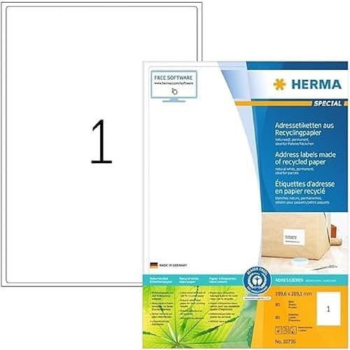 HERMA 10736 Recycling Etiketten, 80 Blatt, 199,6 x 289,1 mm, 1 pro A4 Bogen, 80 Stück, selbstklebend, bedruckbar, matt, blanko Recycling-Papier Klebeetiketten Aufkleber, natur-weiß