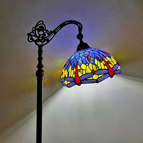 Rétro Tiffany Lampadaire Vintage Salon Lampe sur pied Avec Interrupteur à Pied Libellule Vitrail Lampe de Lecture Campagnarde Réglable E27 Bureau Lampadaire Antique Résine Base H165CM MAX40W (Bleu)