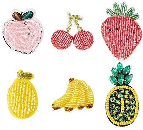 FINGERINSPIRE 6 STÜCKE Aufnäher Mit Fruchtperlen Zum Aufnähen, 6 Stile, Kirsche, Banane, Mango, Erdbeere, Stoffapplikationen, Handgefertigte Perlenapplikationen Für Kleidung, Kleid, DIY Dekoration