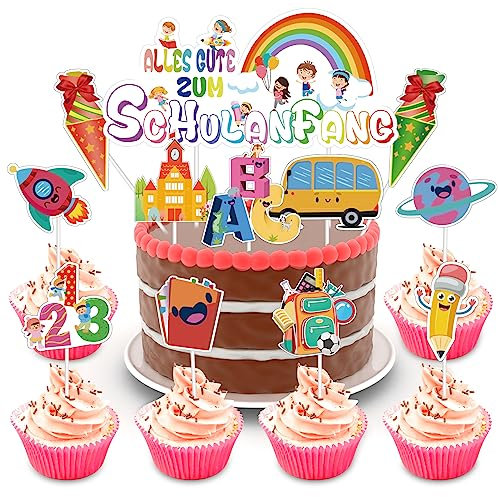 24 Stück Schulanfang Tortendeko bunt Schulanfang Cupcake Topper Einschulung Cupcake Topper Set für Junge Mädchen 1. Schultag Schulanfang Party Deko