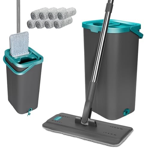 Masthome Fregona Plana y Cubo escurridor, Juego de fregona con Cubo de 140 cm, Mango Largo de Acero Inoxidable y 6 paños de Repuesto de Microfibra para Suelos de Madera, laminados, Azulejos y mármol