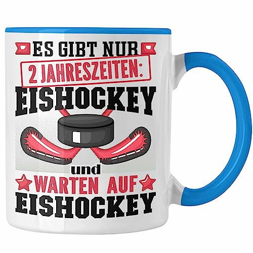 Trendation - Eishockey Tasse Geschenk für Eishockey-Spieler Geschenkidee 2 Jahreszeiten (Blau)