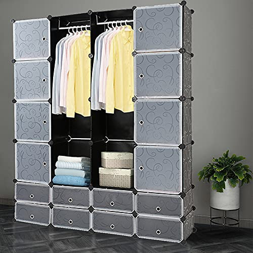 Sonnewelt Regalsystem Kleiderschrank Kunststoff, Regalsystem Würfel mit 16 Würfeln, Vielseitiger Steckschrank aus PP, Schwarz Würfelschrank mit Türen für Kleidung, Spielzeug, Schuhe