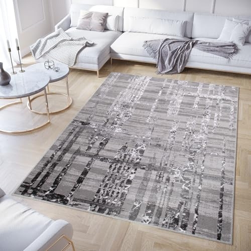TAPISO Crystal Teppich Kurzflor Glänzend Dunkelgrau Streifen 140 x 200 cm | Abstrakt 3D Effekt Wohnzimmer Schlafzimmer Modern Design OEKO-TEX