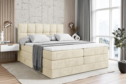 ALTDECOR Boxspringbett mit Matratze und Lattenrost, Topper, Polsterbett mit Bettkasten, Bett mit Stauraum H3- und H4- Matratze, Doppelbett, Springboxbett RICAR King 200x200 - Beige Monolith 04