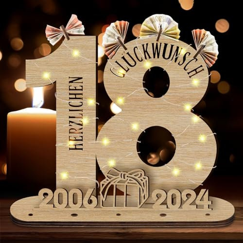 Idota 2025 18 Geburtstag Geschenk Holz-Schild mit LED Gästebuch Geldgeschenke Geburtstag Frauen & Männer, Geburtstag Deko Geschenke zum 18 Geburtstag, Personalisierbares Geschenk