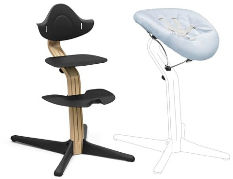 Stokke Nomi Silla Roble (Negra) + Newborn Set (Negro/Azul Grisáceo) - Incluye un Arnés de Seguridad de Cinco Puntos y Un Set de Tela Reversible y Lavable - Soporta hasta 150 kg
