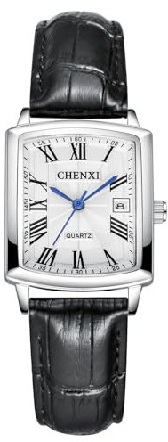 JewelryWe Uhren Damen Leder Rechteckig: 30m wasserdichte Kalender Analog Quarz Armbanduhr Frauen Schwarz Echtleder Armband Uhr Damenuhr mit Weiß Rechteck Römischen Zahlen Zifferblatt