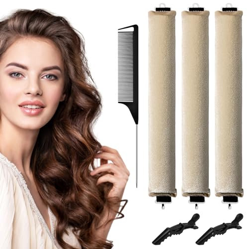 WuGU Locken Ohne Hitze, 3 Stück Heatless Curls Band, Lockenwickler über Nacht, Flexi Stangen mit Haken, Hitzefreier Lockenwickler mit Klammern, Hitzefreier Lockenstab für Alle Haartypen (Cremefarben)