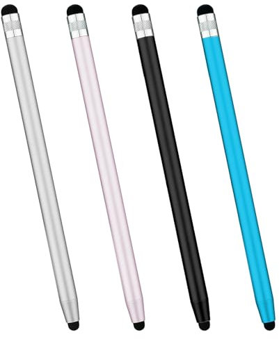 Pack de 4 Stylets Universels pour Écran Tactile Capacitif 2 en 1, Stylet sans Charge en Caoutchouc Compatibles avec iPhone/iPad/Pro/Mini/Air/Samsung, Couleurs Variées (Bleu Ciel, Rose, Noir, Argent)