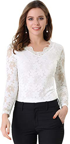 Allegra K Top de Blusa de Encaje de Manga Larga Transparente para Mujer | Con Bordado Floral, Ajustado