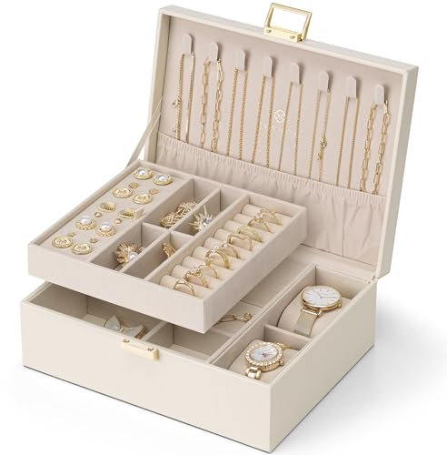 Vlando Portagioie da donna e ragazza, a 2 livelli, in pelle, con 2 cuscini per orologi, organizer per gioielli, scatola regalo, per orologi, anelli, orecchini, collane