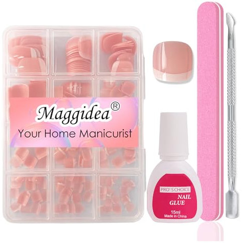 Maggidea Press on Nails for Toe, 240pcs Fake Toenails French Tip Pink Color False Nail Kit Glossy Full Cover with Glue, DIY Manicure for Girls & Women (French-01)