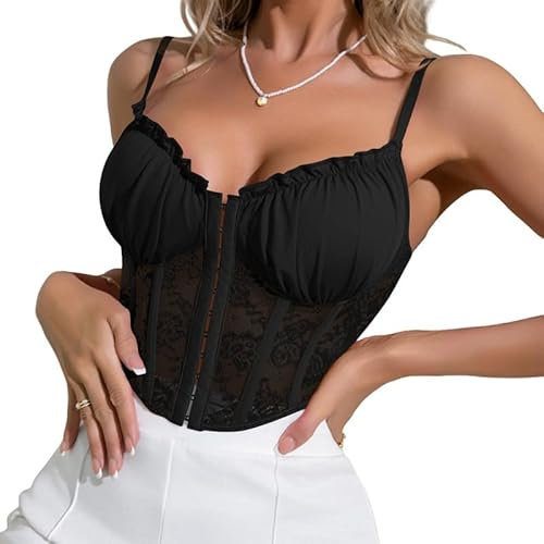 Camiseta sin Mangas para Mujer Top Sexy de Encaje Crop Top Cuello en V Camisetas Tirantes Ajustables sin Vientre Verano Camisola Sujetador de Encaje Floral Cami Tank Top Clubwear