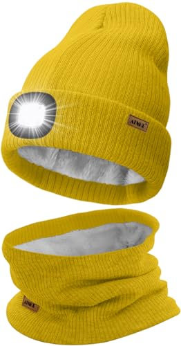 ATNKE LED Mütze mit Licht und Schal Set, Wiederaufladbare USB 4 LED Beleuchtete Laufmütze Winter Warme Gefütterte Fleece Halsschlauch und Stricken Mütze für Herren und Damen Geschenke/Yellow