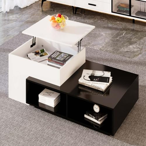 KOMHTOM Table Basse relevable Moderne Noir et Blanc Meuble de Salon Petite Table avec Espace de Rangement pour Salon Chambre à Coucher Table Pliante (C)