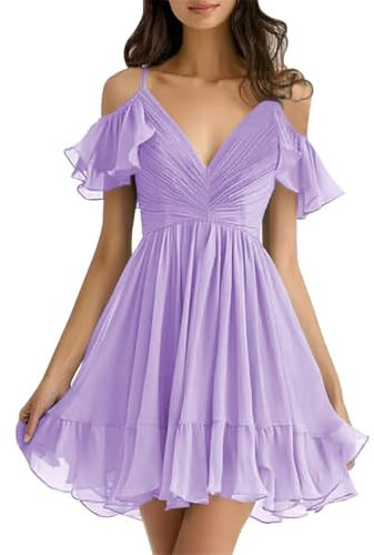 Chiffon Bridesmaid Dress Short Off Shoulder A-Line Ruffles Pleated Prom Evening Party Dress YIAX233 Lilac UK20