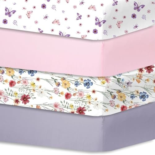 Bimocosy de Draps pour Lit Bébé 4 Pièces 70x140 cm 100% Microfibre Respirante Certifié Oeko-TEX Protège Matelas Amovible et Lavable Motifs Mignons pour Berceau et Matelas Bébé(Papillons et Fleurs)