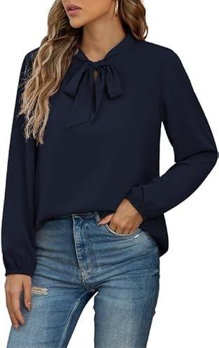 Yommay Damen Bluse Elegant Langarm Tunika T-Shirt Krawatte Hals Flowy Chiffon Oberteile für Frauen Herbst Mode,Marineblau,XXL