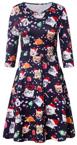 AIDEAONE Frauen Weihnachtskleid 3/4 Ärmel Midi Weich Kleid Lustig Druck Schwarz,M
