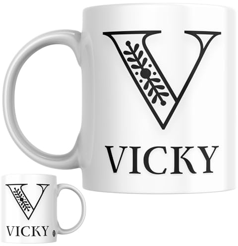 Designs of note! Vicky Personalised Initial Name Mug | Letter V Decorative Coffee Cup for Her | Novelty Elegant Gift for Women or Girls Called Vicky