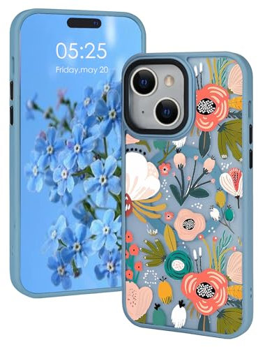 Uioeua Compatible with iPhone 14 Flower Case,Cute Matter Floral Pattern Compatible with MagSafe with Camera Protector for Women Girls Silicone Shockproof Case for iPhone 14 -Sky Blue
