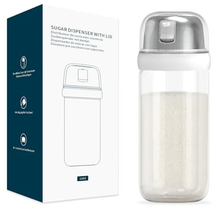 KITCHENDAO Zuckerdose aus Glas mit Seitlichem Ausgießer, Eingebauter Deckel zur Verlangsamung der Feuchtigkeit mit Abriebspuren, Eleganter Zuckerspender aus Borosilikatglas, BPA-frei, 12oz (weiß)