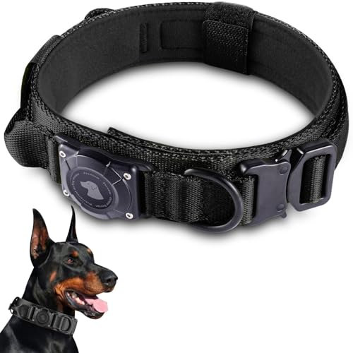 JIARUI Taktisches Hundehalsband mit Griff, Wasserdichter Airtag Hundehalsband, Dickes Verstellbares Halsband Hund mit Gepolstert, Metallschnalle für Mittlere Große Hunde (Schwarz, L(18-23))