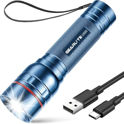 GEARLITE Rechargeable LED Torch, 2000LM Torches LED Super Bright with 3 Modes, Portable Small Torch with Battery, Waterproof Flashlight Zoomable for Power Cut, Emergency, Camping, Hiking, Outdoor-Blue