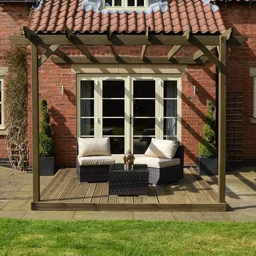 Buttercup Farm Wall Mounted Pergola and Decking Kit - L240 x W240 x H270 cm - Rustic Brown