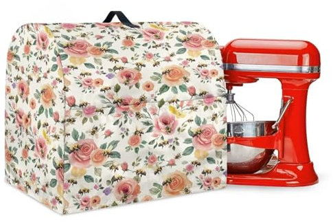 LACIYISON Rose Bee Print Stand Mixer Dust Cover for Kitchen Aid Tilt-Head 6-8 Qt Mixers Cover with Storage Pocket, Stand Mixers Accessories Small Appliance Covers with Pocket and Handle, Large
