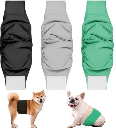 Dalephoric 3 Stück Hundewindeln für Rüden, Rüdenwindel, Wiederverwendbare Hundewindeln, Windeln für Männliche Hunde, Windeln für Hunde, Hochsaugfähige, Waschbar (Schwarz, Grün, Grau, Größe L)