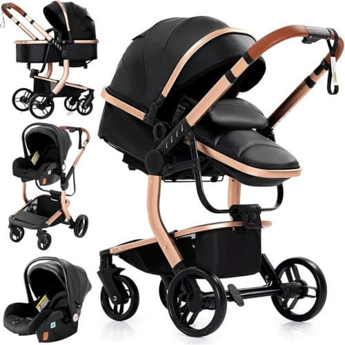 3 in 1 Luxus Kinderwagen aus PU-Leder mit Babywanne | Wendbarer Kinderwagen mit hoher Landschaft | Zusammenklappbar für Neugeborene und Kleinkinder(Schwarz)