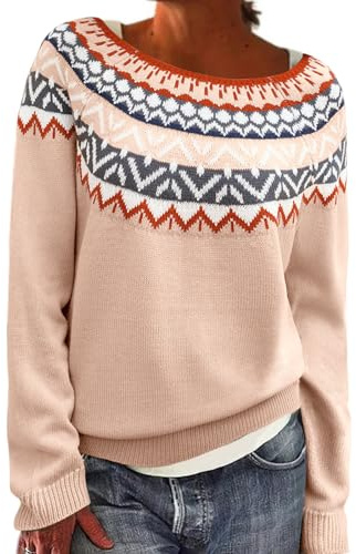 heekpek Pull Jacquard Femme Norvégien Alpaga Pulls Col Rond Sapin de Noël Ample Pull Femme Hiver Chaud Chic et Élégant Doux Sweat Tricoté Haut Pull'de Noel, Brun Fair Isle, XL