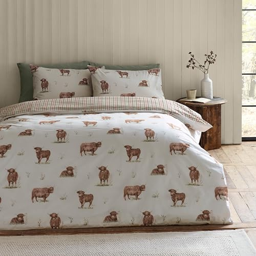Catherine Lansfield Angus Highland Cow Reversible Super King Duvet Cover Set with Pillowcases Natural