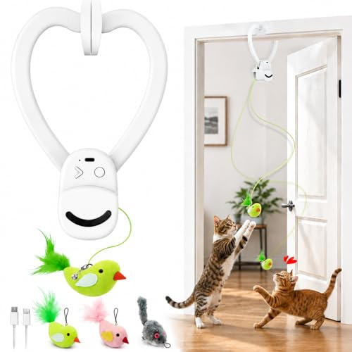 Interactive Cat Toys for Indoor Cats: Automatic Flying Bird Feather Wand Chase Exercise Enrichment Stimulation, USB Rechargeable Durable Safe Hanging Toy for Bored Kittens Adult Multi Cat Households